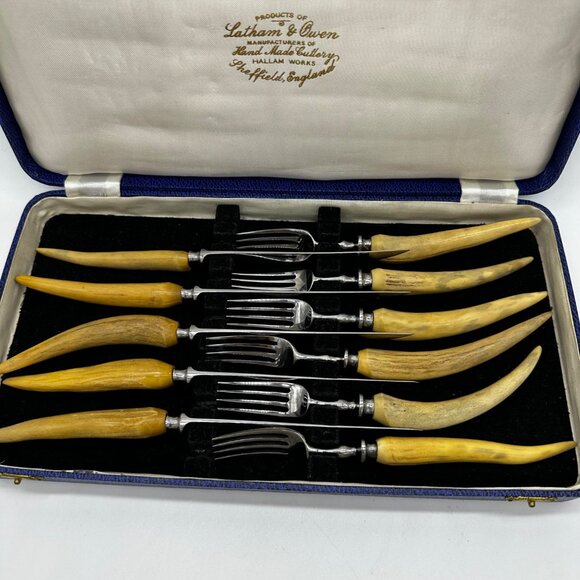 Sheffield Latham Owen Rustic Antler Horn Handle Steak Knives Forks Cased Set 11 - Picture 1 of 16